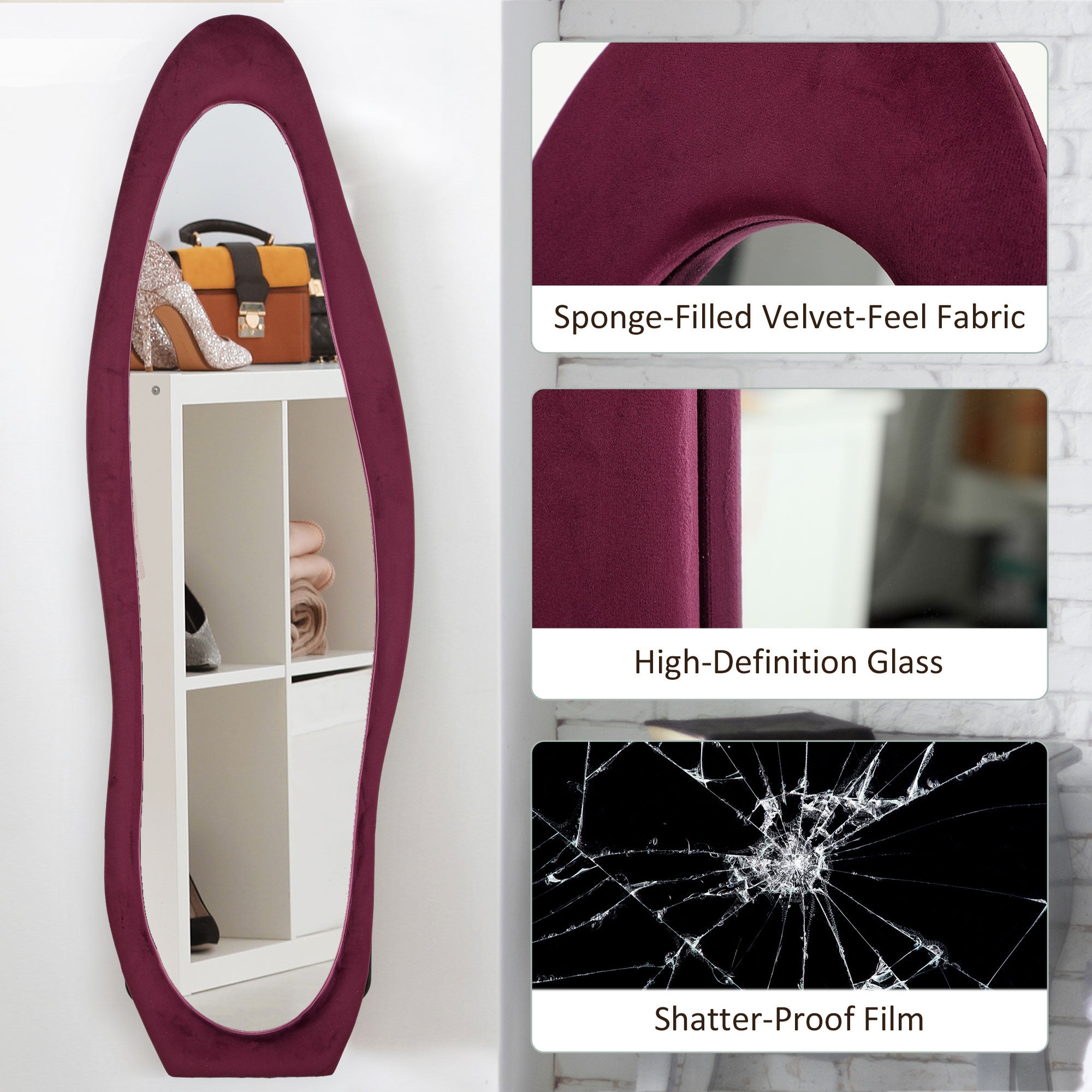 HOMCOM Wavy Velvet-Feel Full Length Mirror - Wine Red 
