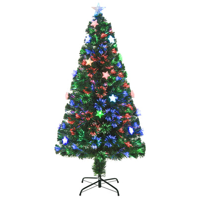 HOMCOM 5FT Prelit Artificial Christmas Tree Fibre Optic Star LED Light Holiday Home Xmas Decoration with LED Light for Indoor Party, Green 