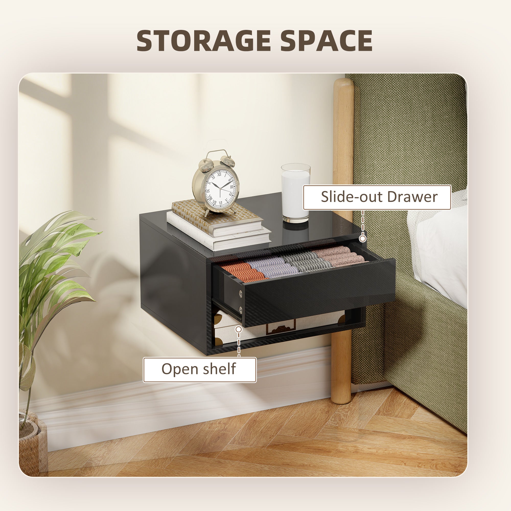 HOMCOM Floating Bedside Tables Set of 2, Wall Mounted Nightstand, High Gloss Black 