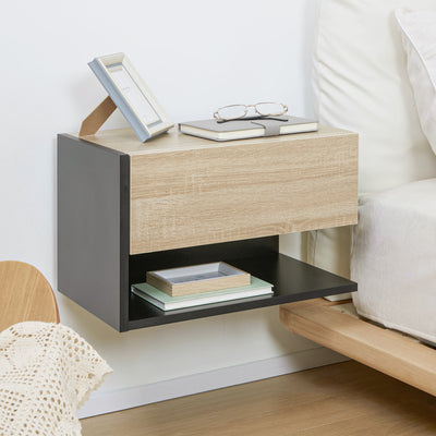 HOMCOM Floating Bedside Table Set of 2, Wall Mounted Bedside Cabinet with Drawer and Open Shelf, Modern Nightstand for Bedroom, 46 x 30 x 30 cm, Oak Tone 