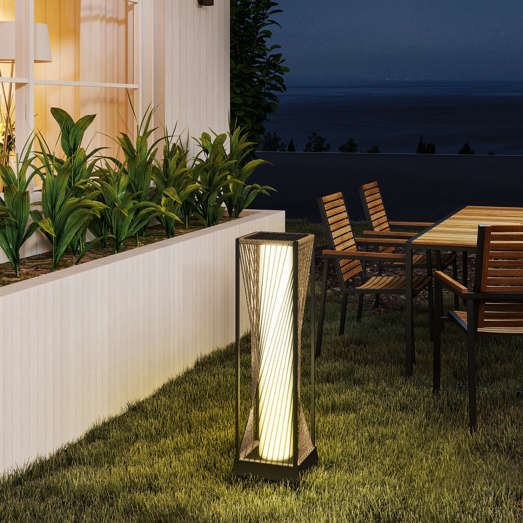 Outsunny Rattan Solar Garden Lights, Auto On/Off LED Floor Lamp, Sand Brown 
