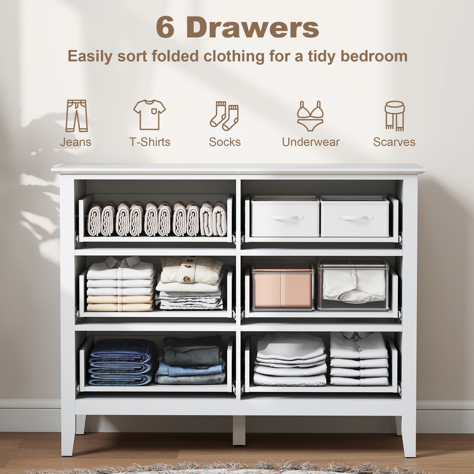 HOMCOM Fluted Dresser, 6 Drawer Chest of Drawers for Bedroom, Living Room, Hallway, Closet, White 