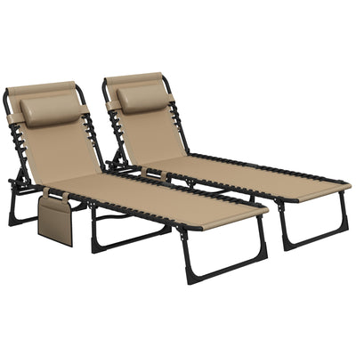 Outsunny Portable Sun Lounger Set of 2, Folding Camping Bed Cot, Reclining Lounge Chair 5-position Adjustable Backrest with Side Pocket, Pillow for Patio Garden Beach Pool, Beige 