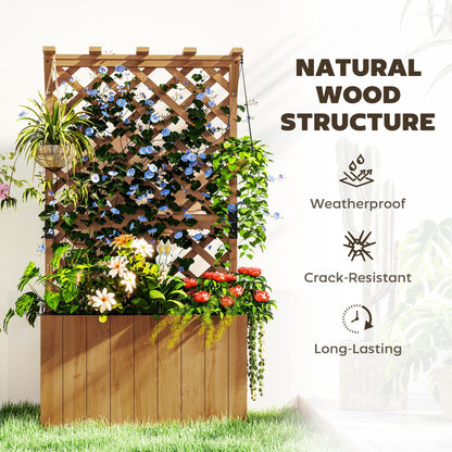 Outsunny Wooden Planter with Trellis, Freestanding Raised Garden Bed with Drainage Holes, Outdoor Planter Box with Liner for Vegetables, Herbs and Flowers, Natural 