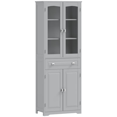 HOMCOM Freestanding Kitchen Cupboard, Storage Cabinet with 2 Adjustable Shelves, Drawer and Glass Door for Living Room, Grey 