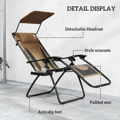 Outsunny Zero Gravity Lounger Chair Set of 2, Folding Reclining Patio Chair with Shade Cover, Cup Holder, Soft Cushion and Headrest for Poolside, Camping, Coffee 