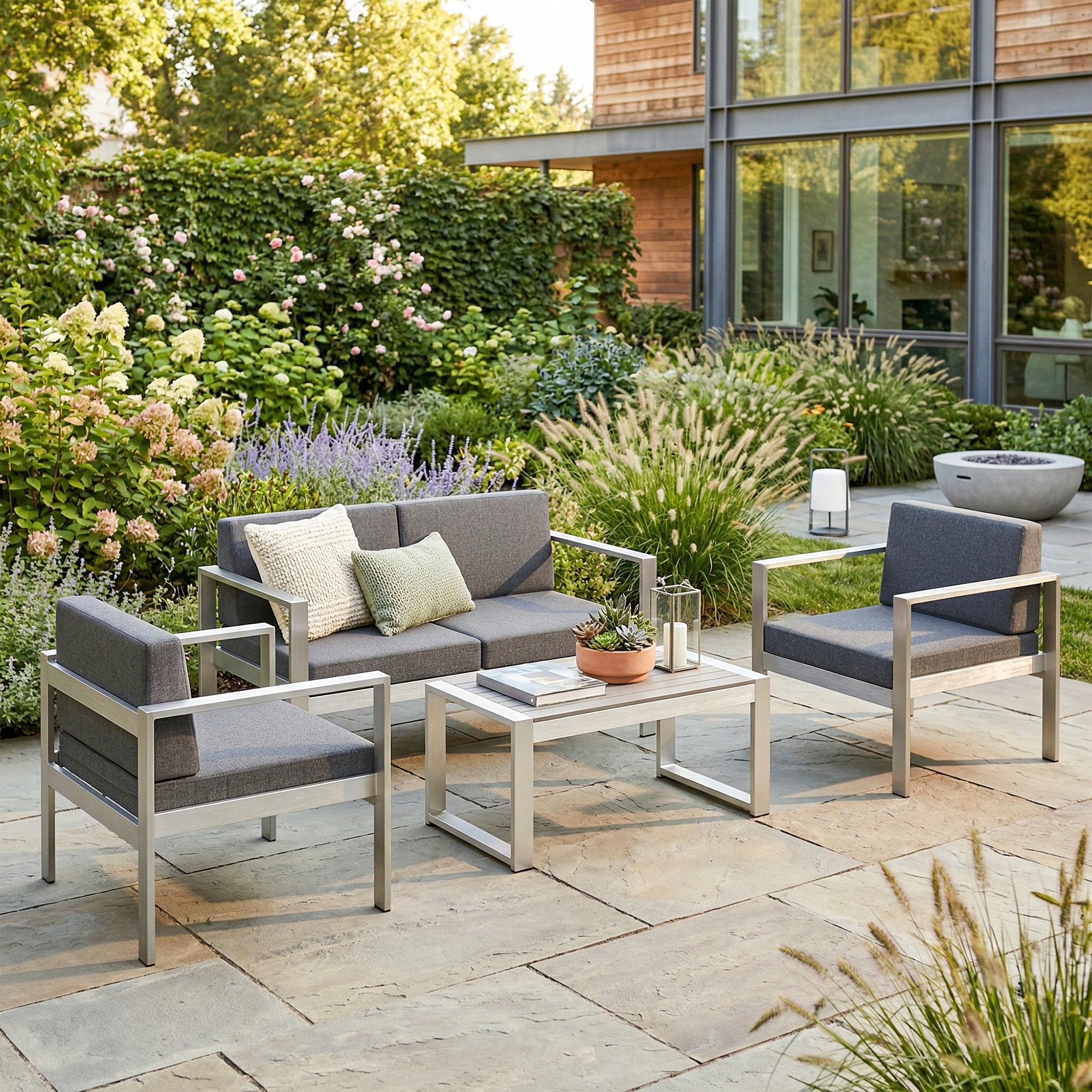 Outsunny 4 Seater Garden Furniture Set, Extra Wide Deep Garden Sofa Set with Olefin Cushions, Brushed Aluminium Frame, Dark Grey 