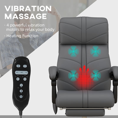 Vinsetto High Back Vibration Massage Office Chair, Heated Reclining PU Leather Computer Chair with Footrest, Grey 