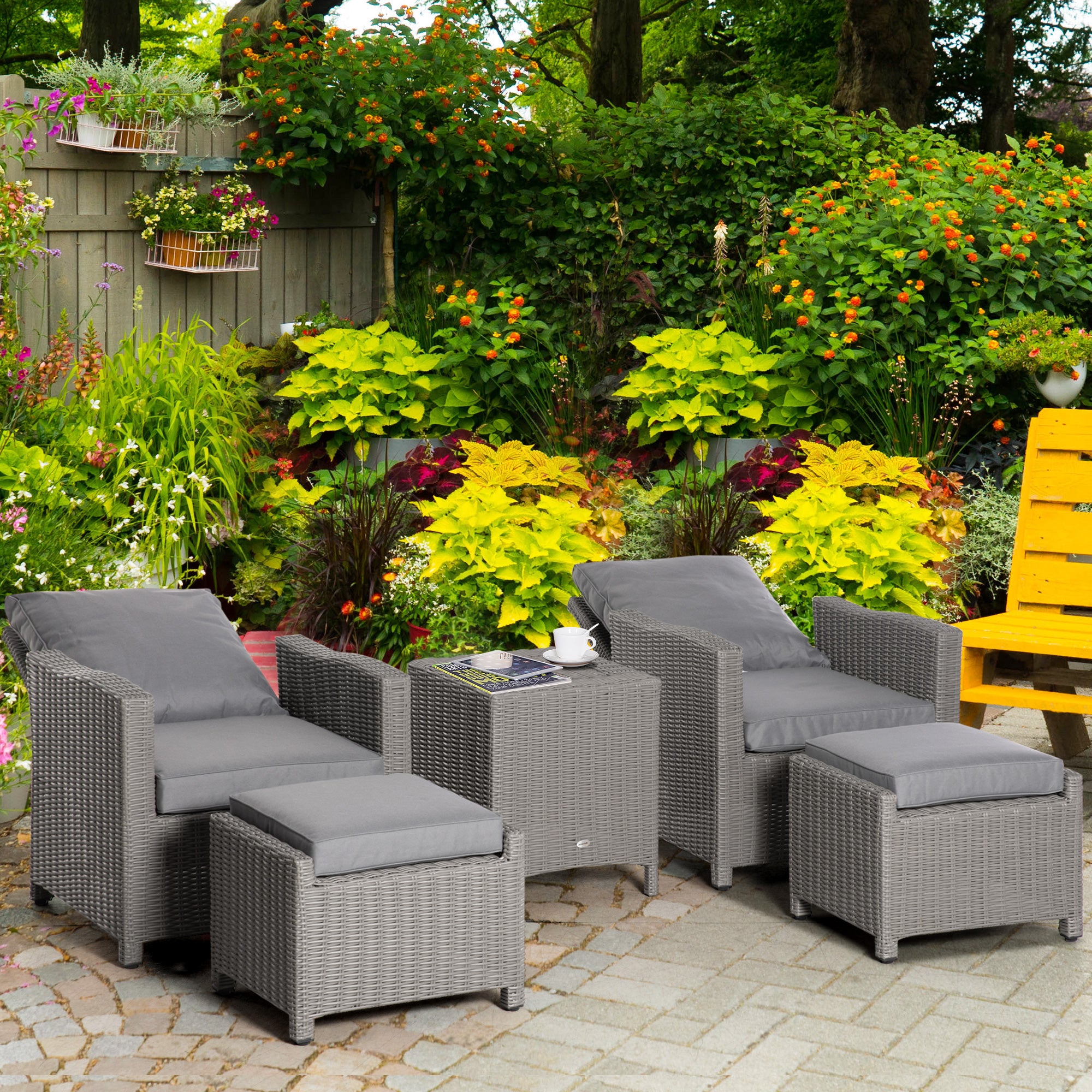Outsunny 5 Pieces Outdoor PE Rattan Garden Furniture with Cushions, Patio Lounge Adjustable Backrest Chairs, Footstools and Cooler Bar Coffee Table & Cover, Grey 