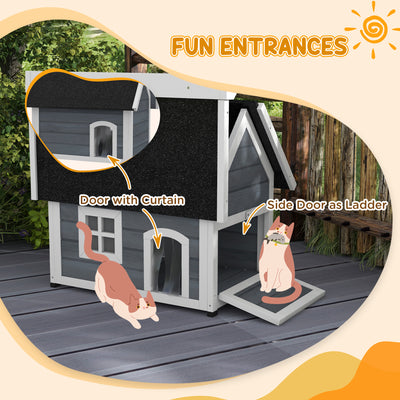 PawHut Outdoor Cat House, Wooden Feral Cat Shelter, with Openable Asphalt Roof, Three Doors - Grey 