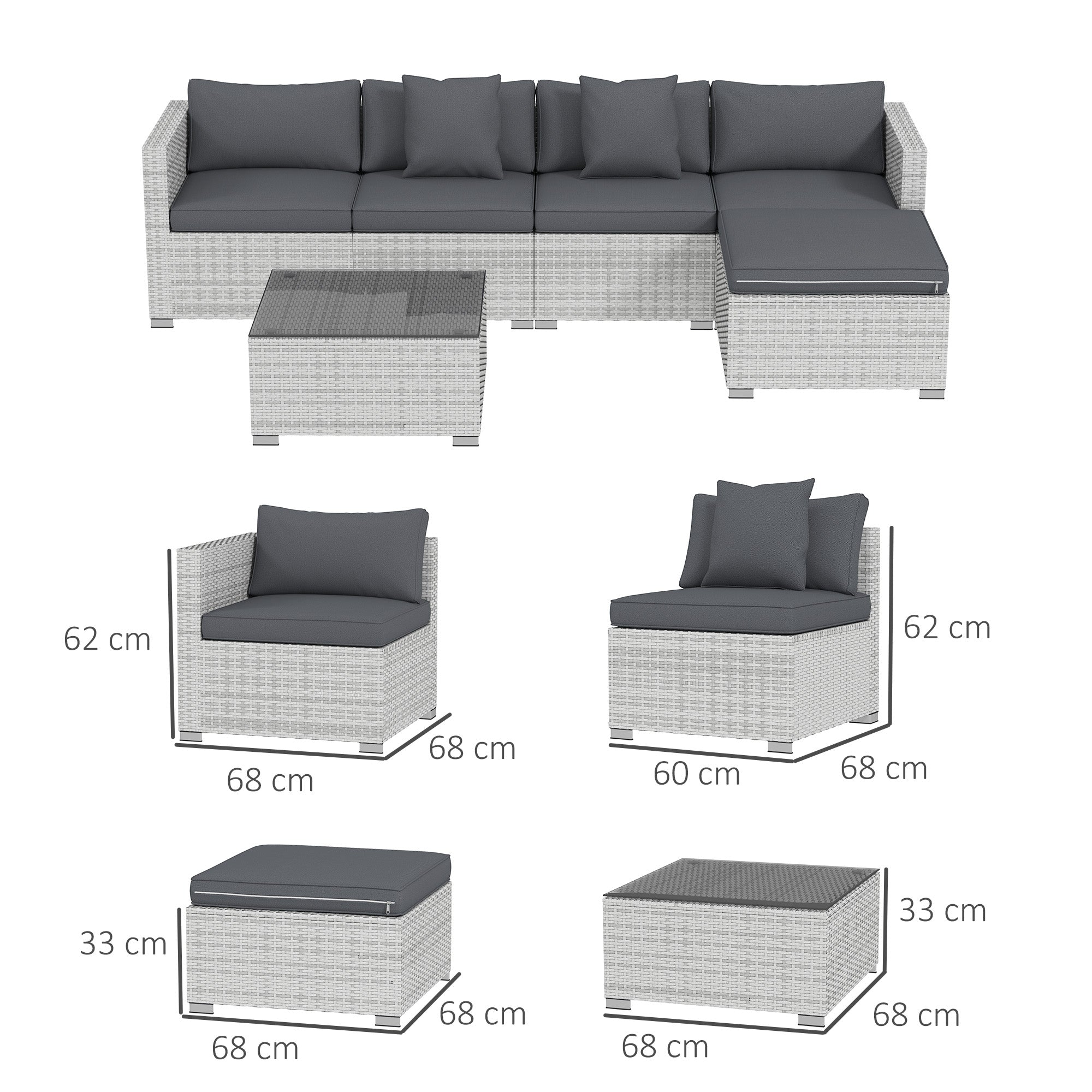 Outsunny 6 Pieces Rattan Corner Sofa Set - Mixed Grey 