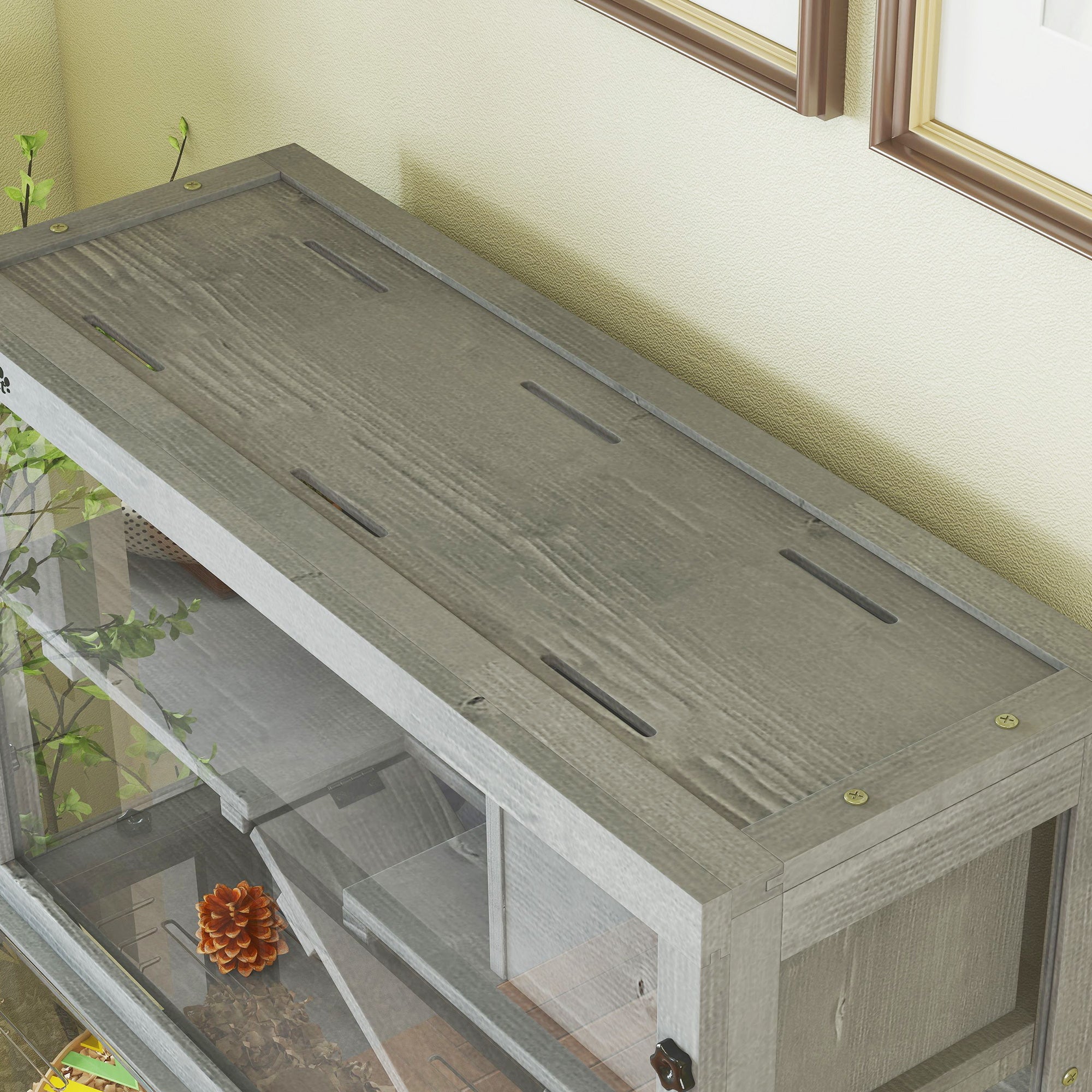PawHut Wooden Hamster Cage with Hut, Wheel, Ramps, Removable Viewing Panels, 80 x 50 x 84 cm, Grey 
