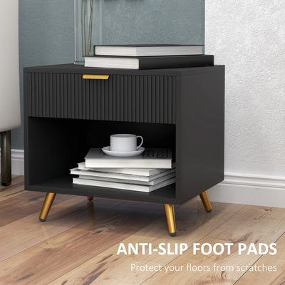 HOMCOM Elegant Bedside Table Set of 2, with Drawer and Shelf - Black/Gold Tone 