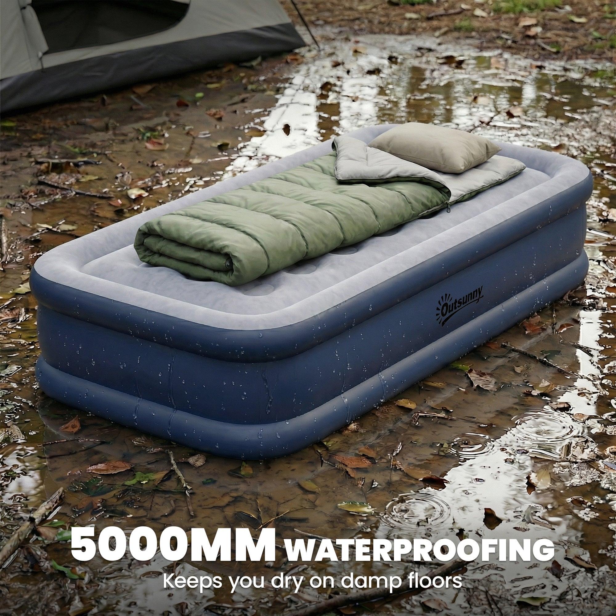 Outsunny Inflatable Mattress, Single Air Bed with Built-in Electric Pump, 3 Mins Inflation, Flocked Surface, Grey 