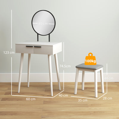 HOMCOM Dressing Table with Mirror and Stool, Vanity Makeup Desk Set with 2 Drawers, Cushioned Stool and Make-up Organiser for Bedroom and Dressing Room, 60 x 40 x 123 cm, White 