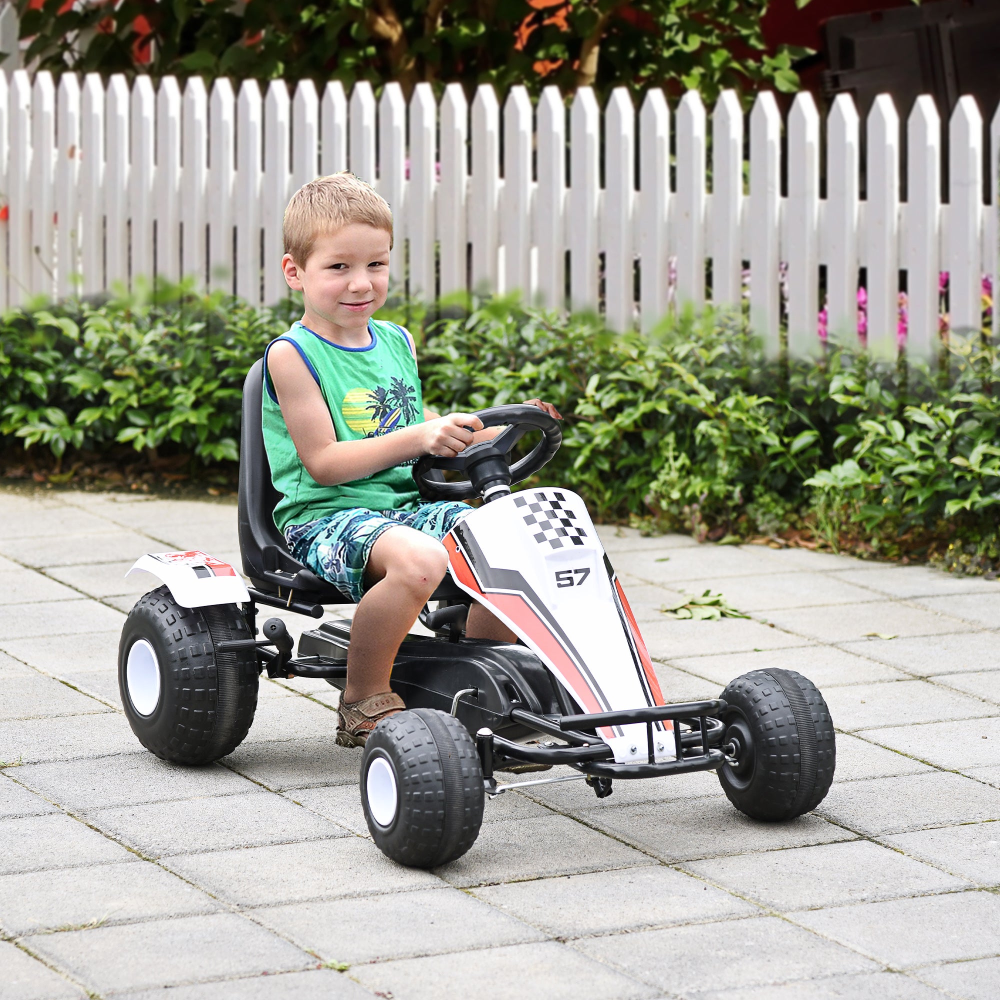 HOMCOM Kids Children Pedal Go Kart Manual Ride On Car w/ Brake Gears Steering Wheel Adjustable Seat 4 Smooth Wheels Racing-Style White 104 x 66 x 57 cm 