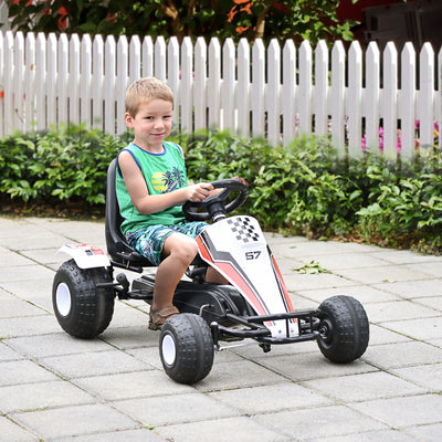 HOMCOM Kids Children Pedal Go Kart Manual Ride On Car w/ Brake Gears Steering Wheel Adjustable Seat 4 Smooth Wheels Racing-Style White 104 x 66 x 57 cm 