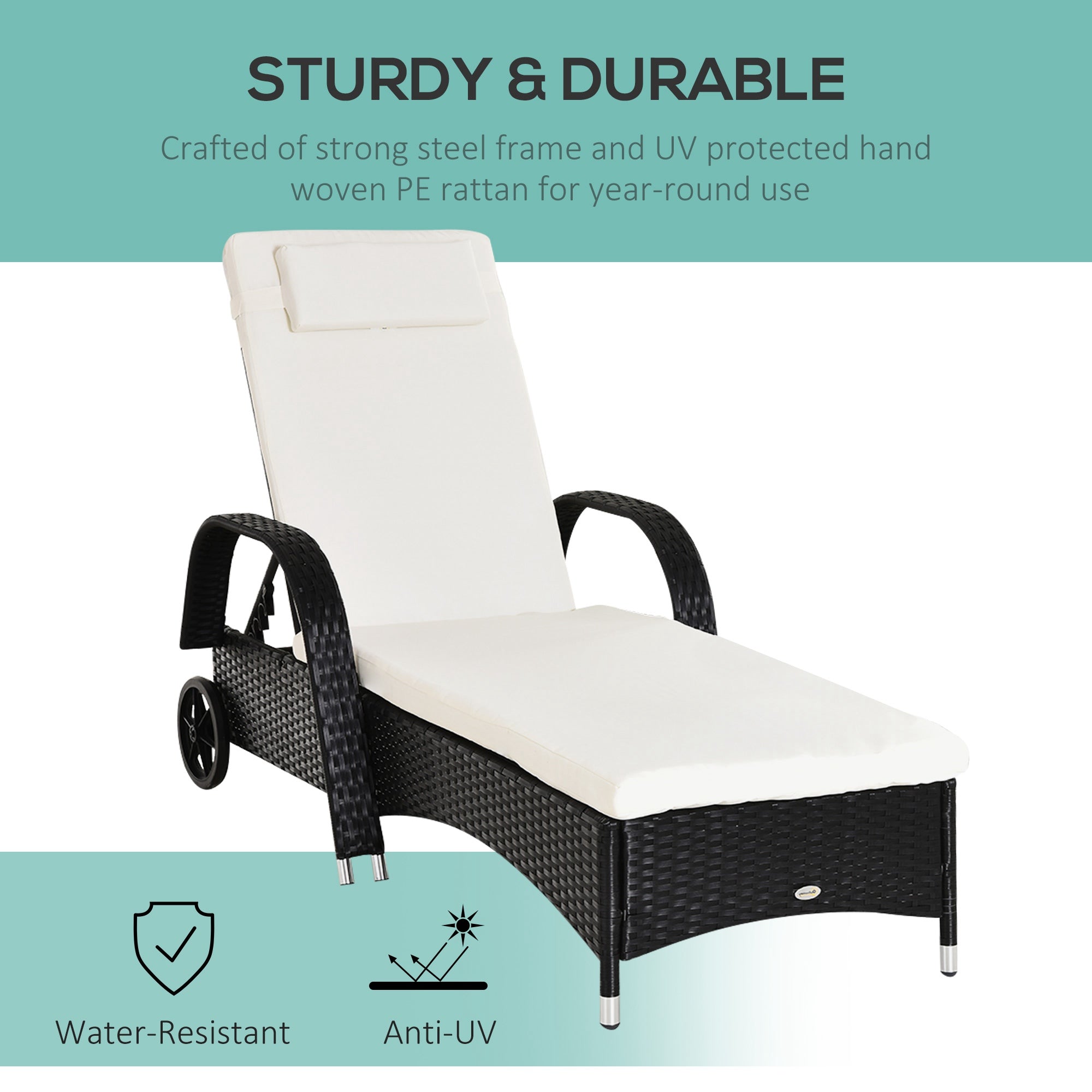 Outsunny Garden Rattan Furniture Single Sun Lounger Recliner Bed Reclining Chair Patio Outdoor Wicker Weave Adjustable Headrest with Fire Retardant Cushion - Black 