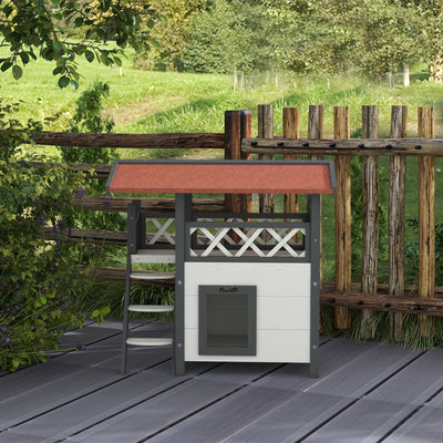 PawHut Cat House Outdoor w/ Balcony Stairs Roof, 77 x 50 x 73 cm, White 