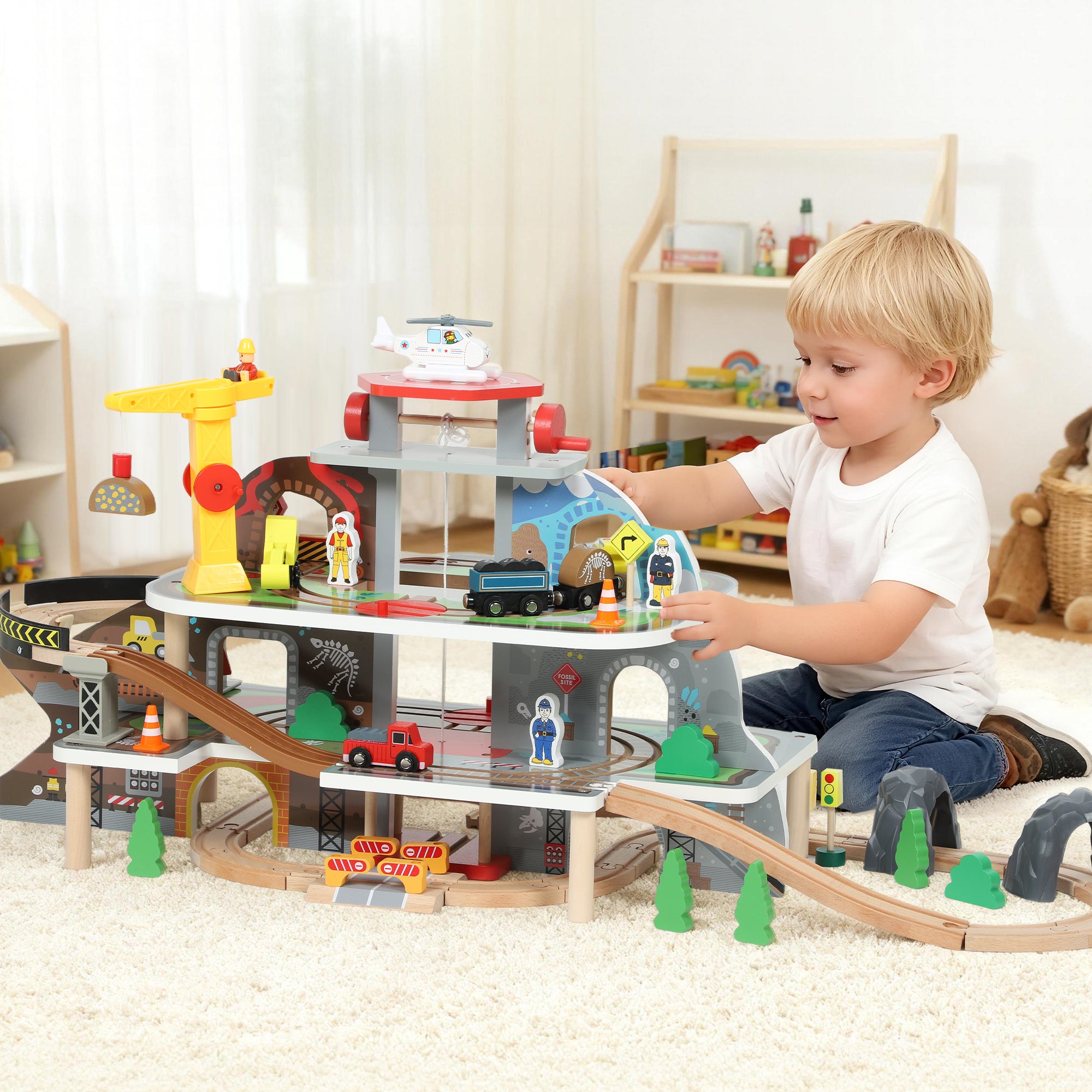 AIYAPLAY 79 Piece Wooden Train Set, Kids Train Track Mine Themed with Crane, Helicopter 