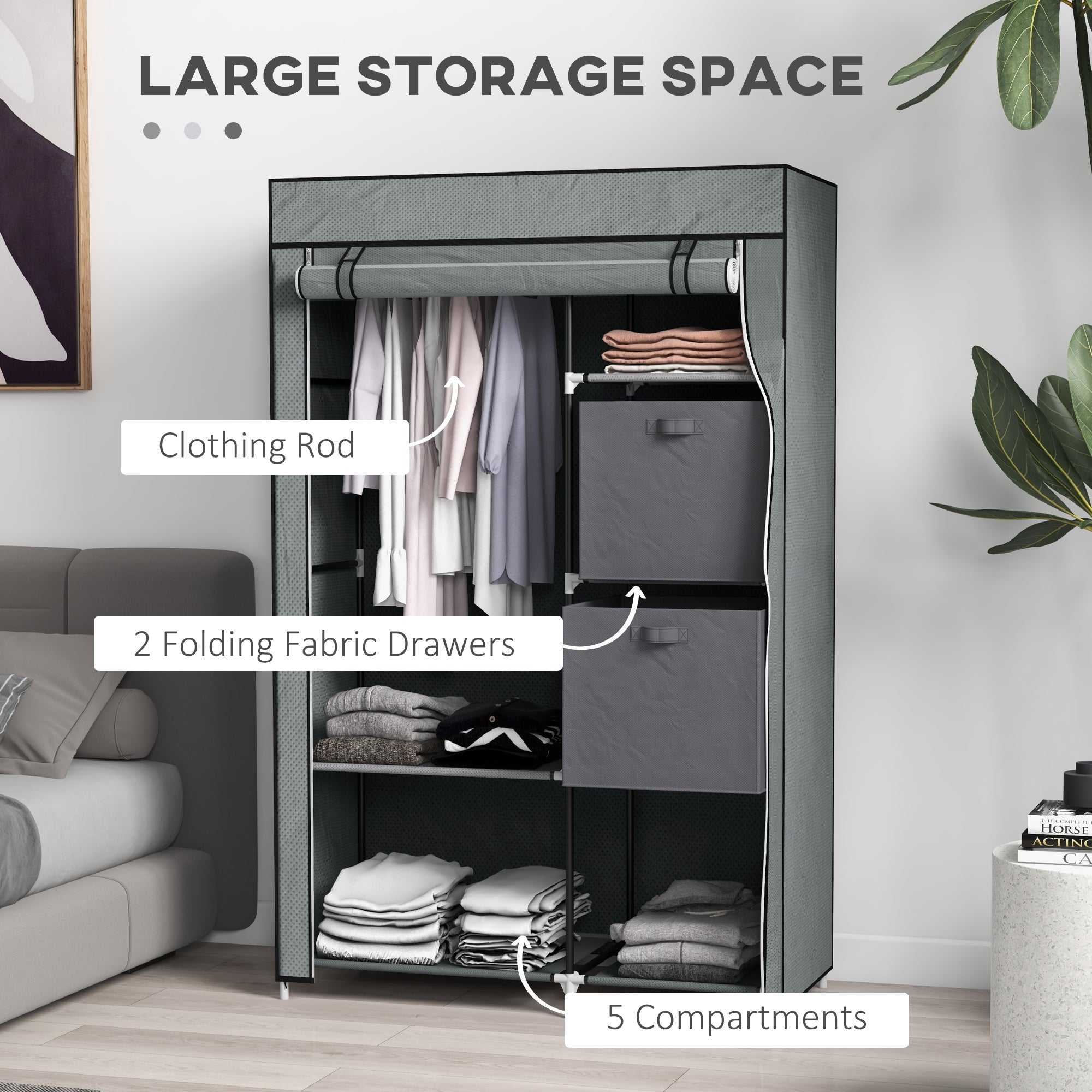 HOMCOM Fabric Wardrobe, Portable Wardrobe, Clothes Storage Unit with 5 Compartments, Hanging Rail and 2 Fabric Drawers, 102 x 42.5 x 162.5cm, Dark Grey 