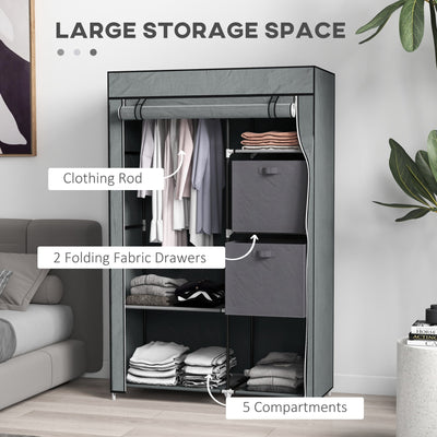 HOMCOM Fabric Wardrobe, Portable Wardrobe, Clothes Storage Unit with 5 Compartments, Hanging Rail and 2 Fabric Drawers, 102 x 42.5 x 162.5cm, Dark Grey 