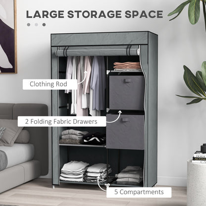 HOMCOM Fabric Wardrobe, Portable Wardrobe, Clothes Storage Unit with 5 Compartments, Hanging Rail and 2 Fabric Drawers, 102 x 42.5 x 162.5cm, Dark Grey 