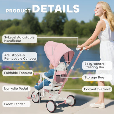 AIYAPLAY 5 in 1 Kids Trike with Adjustable Backrest, Toddler Tricycle with Push Handlebar, Adjustable Backrest, Pink 