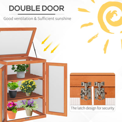 Outsunny 3-tier Wood Greenhouse Garden Polycarbonate Cold Frame Balcony Grow House w/ Storage Shelf for Plants, Flowers, Orange 