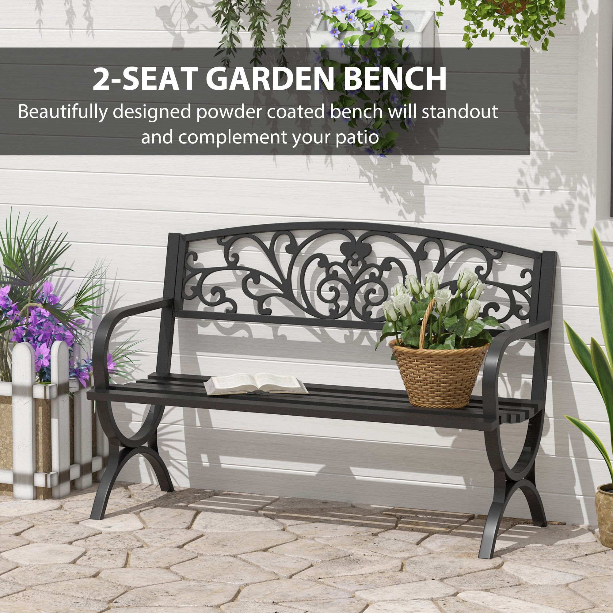 Outsunny 127L x 60W x 85H cm Powder Coated Garden Bench for Patio Backyard, Steel-Black 