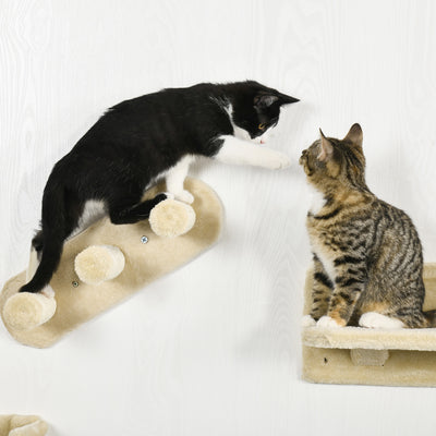 PawHut 4PCs Wall-Mounted Cat Shelves w/ Scratching Post, Hammock, Nest - Beige 