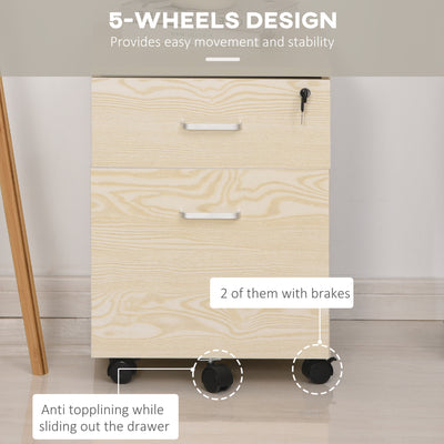 Vinsetto 2-Drawer Locking Office Filing Cabinet w/ 5 Wheels Rolling Storage Hanging Legal Letter Files Cupboard Home Organisation Oak Wood Grain 