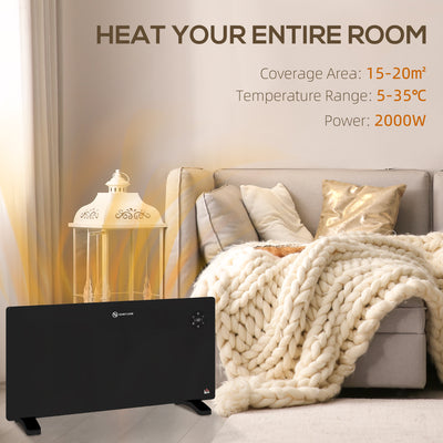 HOMCOM 2000W Electric Convector Heater, Freestanding or Wall Mounted, Space Heater with Adjustable Thermostat, Timer, Black 