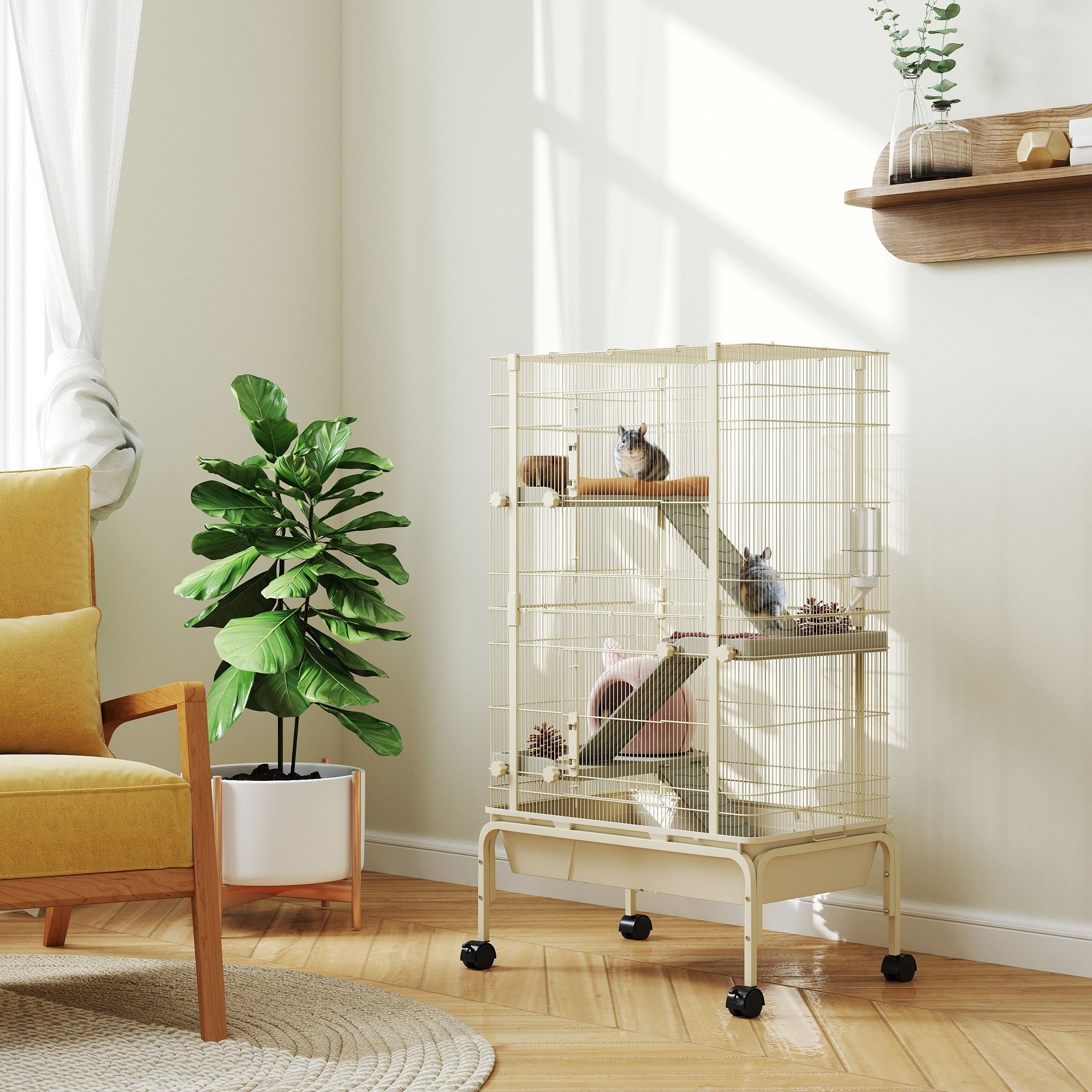 PawHut 4 Levels Rolling Small Animal Cage, Rabbit Cage with 3 Ramps, Water Bottle, Food Dish, 15cm Deep Tray, Beige 