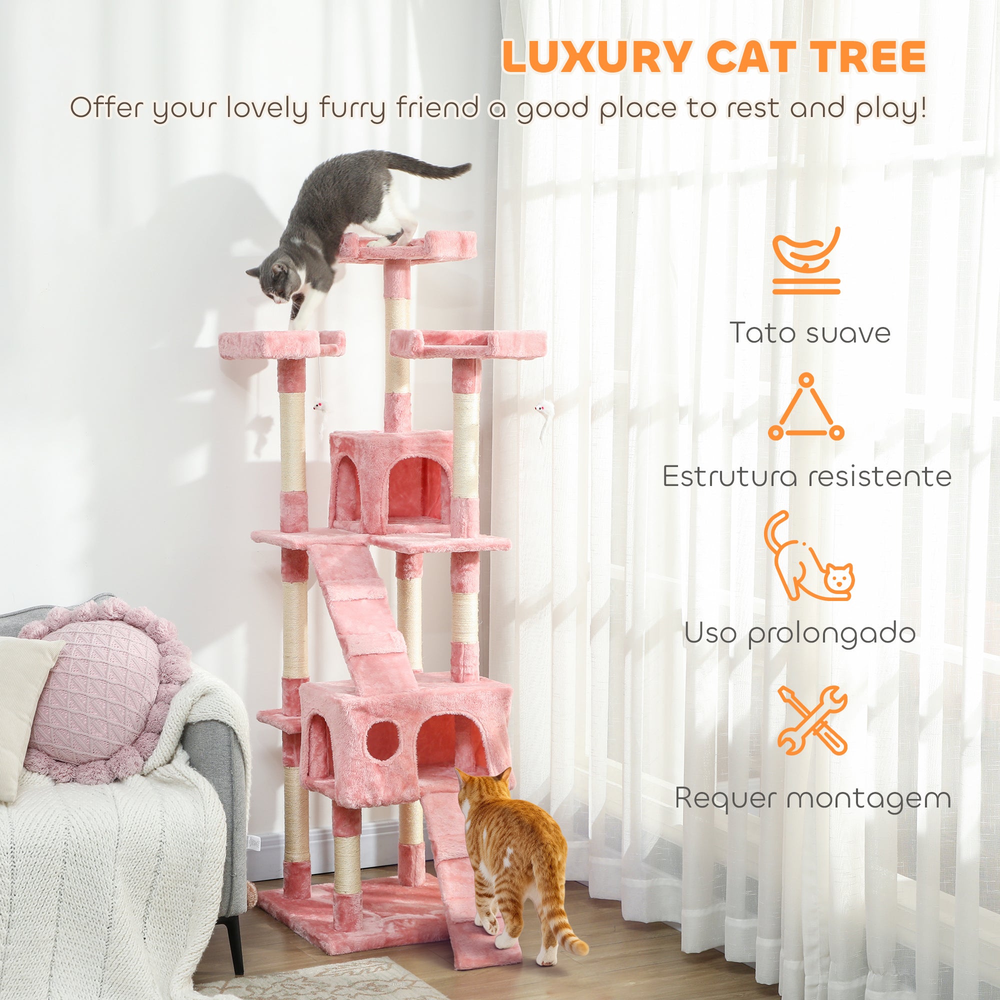 PawHut 173cm Cat Tree Scratching House, Activity Play Centre, Pink 