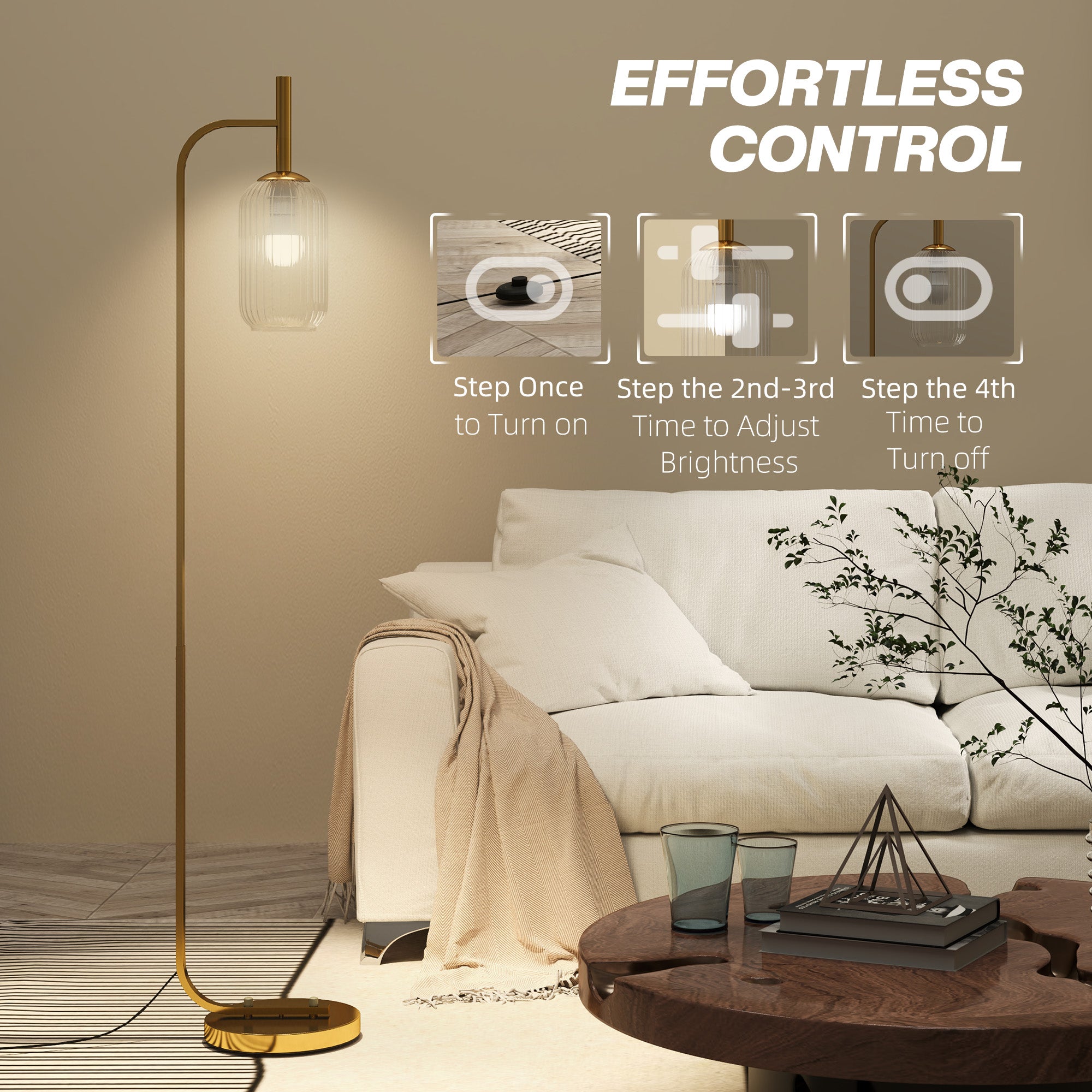 HOMCOM Floor Lamp for Living Room with Glass Lampshade, Modern Standing Lamp with Foot Switch for Bedroom, Bulb not Included, Gold Tone 