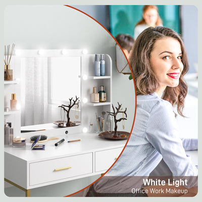 HOMCOM Dressing Table with Lighted Mirror, Cushioned Stool, Drawers, Shelves, LED Makeup Vanity Desk Set, Modern Dresser Vanity Table for Bedroom, White 
