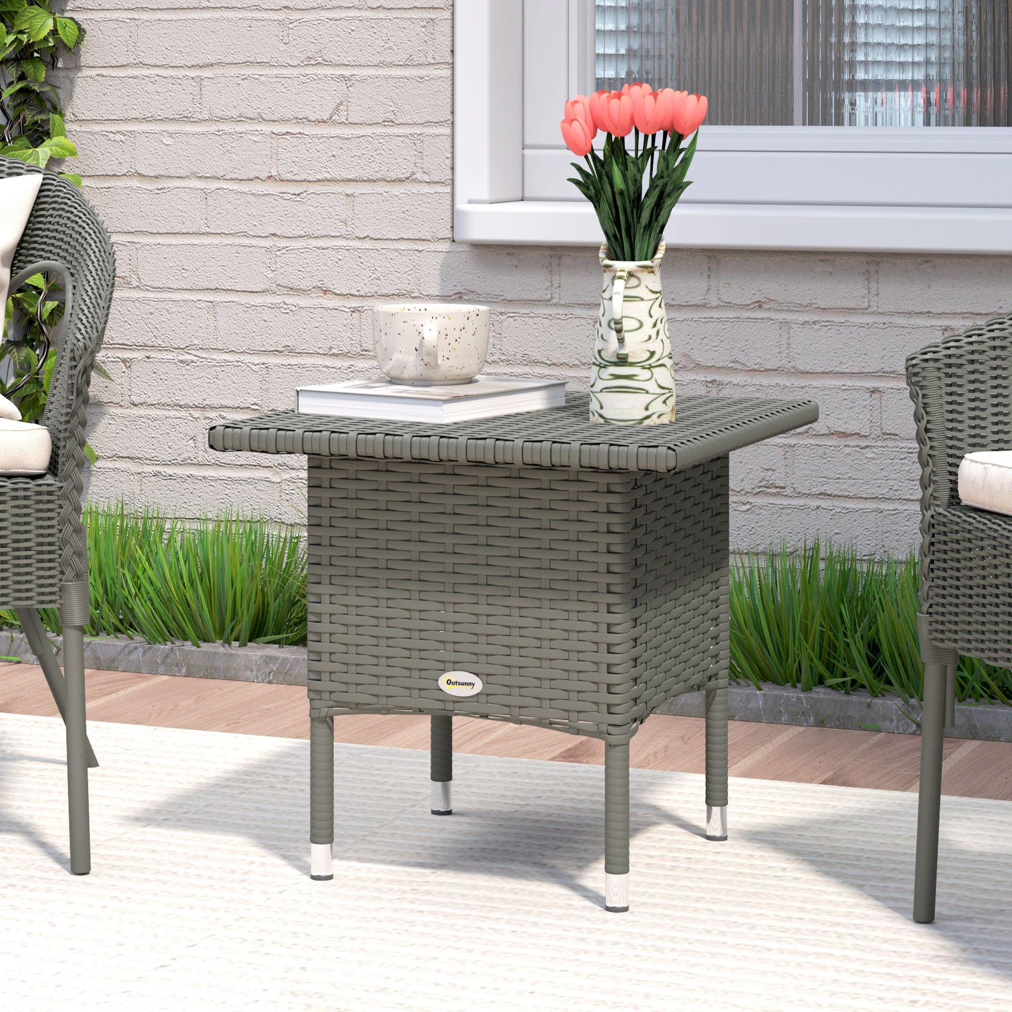 Outsunny Rattan Side Table, Outdoor Coffee Table with Plastic Board Under the Full Woven Table Top for Patio, Garden, Balcony, Grey 