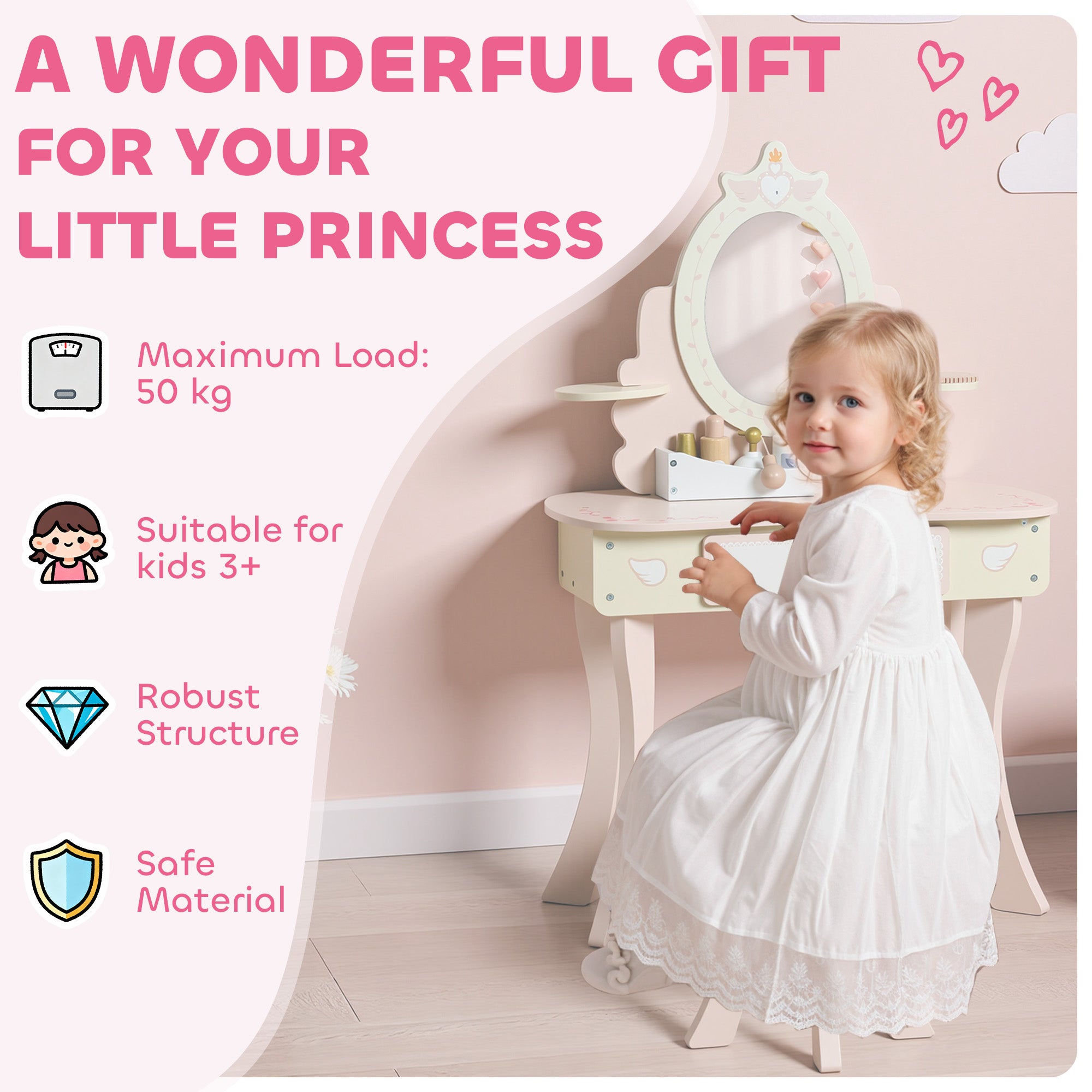 AIYAPLAY Kids Dressing Table, Girls Vanity Set with Mirror and Stool, 7 Play Accessories, Drawer, Desktop Storage, Pink 