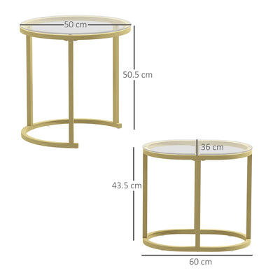 HOMCOM Modern Coffee Table Set of 2, Nest of Tables with Steel Frame and Tempered Glass Tabletop, Side Tables for Living Room Bedroom, Clear 