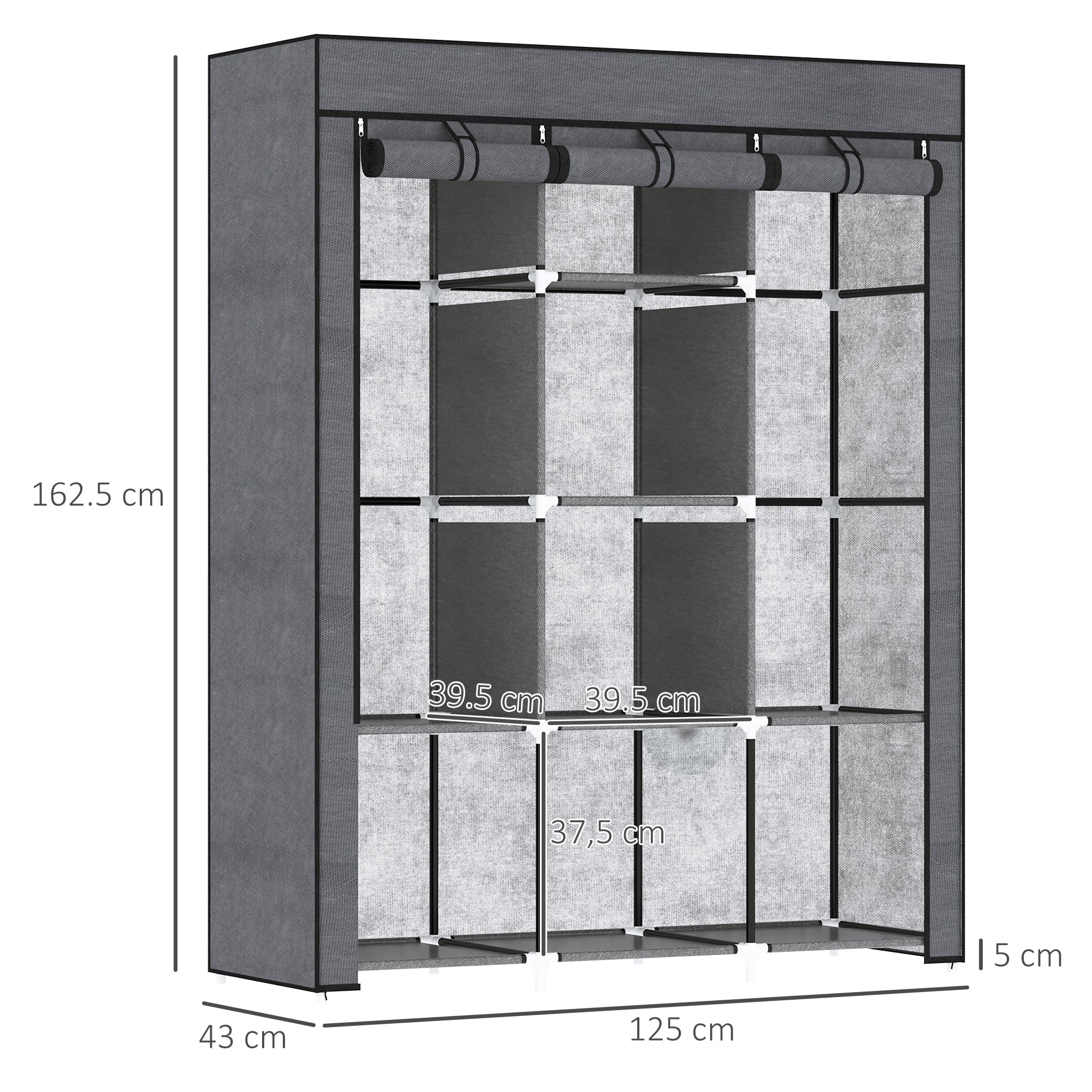 HOMCOM Fabric Wardrobe, Portable Wardrobe, Clothes Storage Unit with 8 Shelves, 2 Hanging Rods, 125 x 43 x 162.5 cm, Dark Grey 