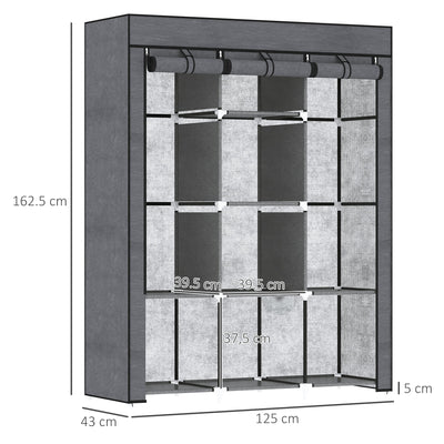 HOMCOM Fabric Wardrobe, Portable Wardrobe, Clothes Storage Unit with 8 Shelves, 2 Hanging Rods, 125 x 43 x 162.5 cm, Dark Grey 