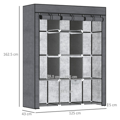 HOMCOM Fabric Wardrobe, Portable Wardrobe, Clothes Storage Unit with 8 Shelves, 2 Hanging Rods, 125 x 43 x 162.5 cm, Dark Grey 