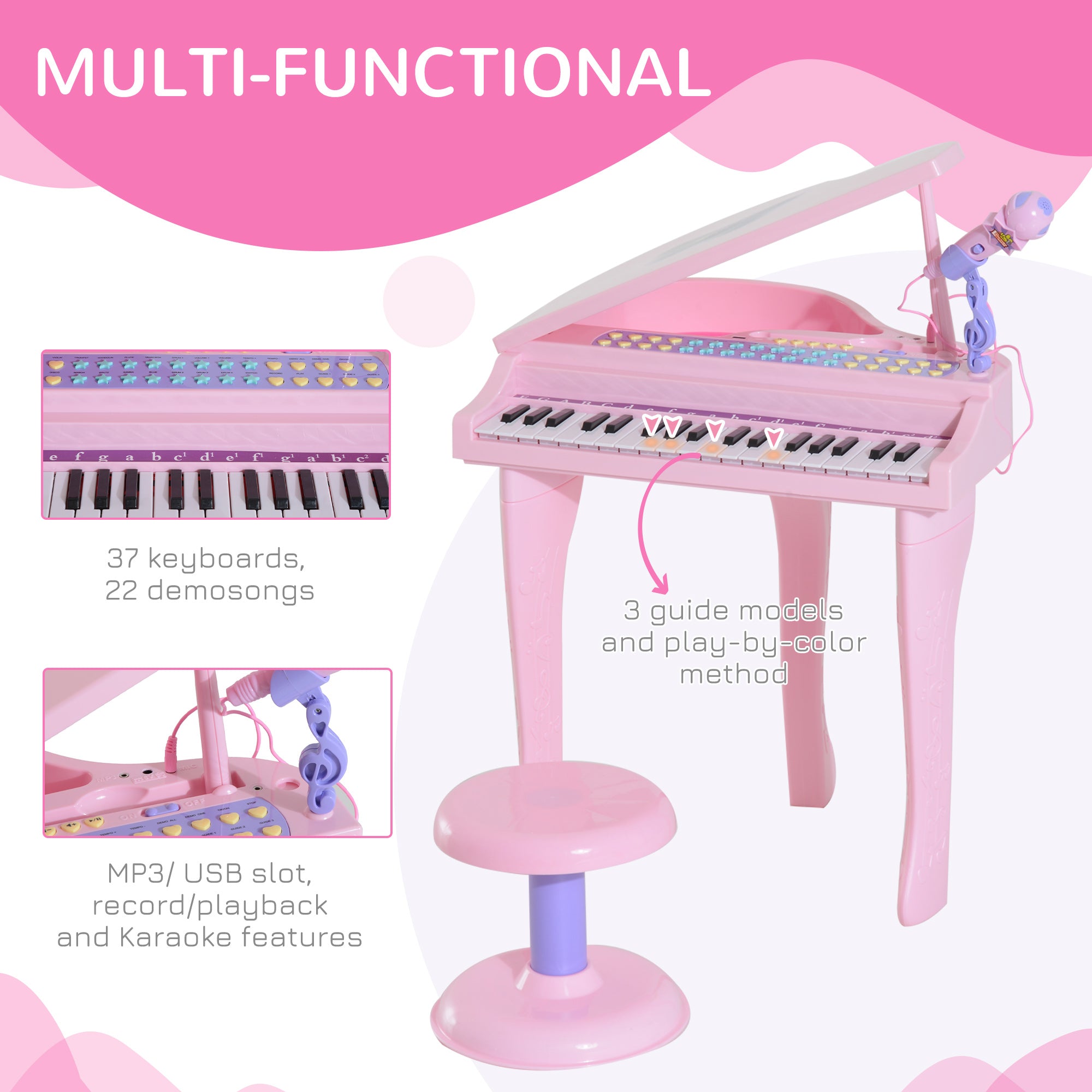 HOMCOM 37 Keys Kids Mini Electronic Keyboard Children Grand Piano with Stool Microphone Light Musical Instrument Educational Game Toy Set (Pink) 