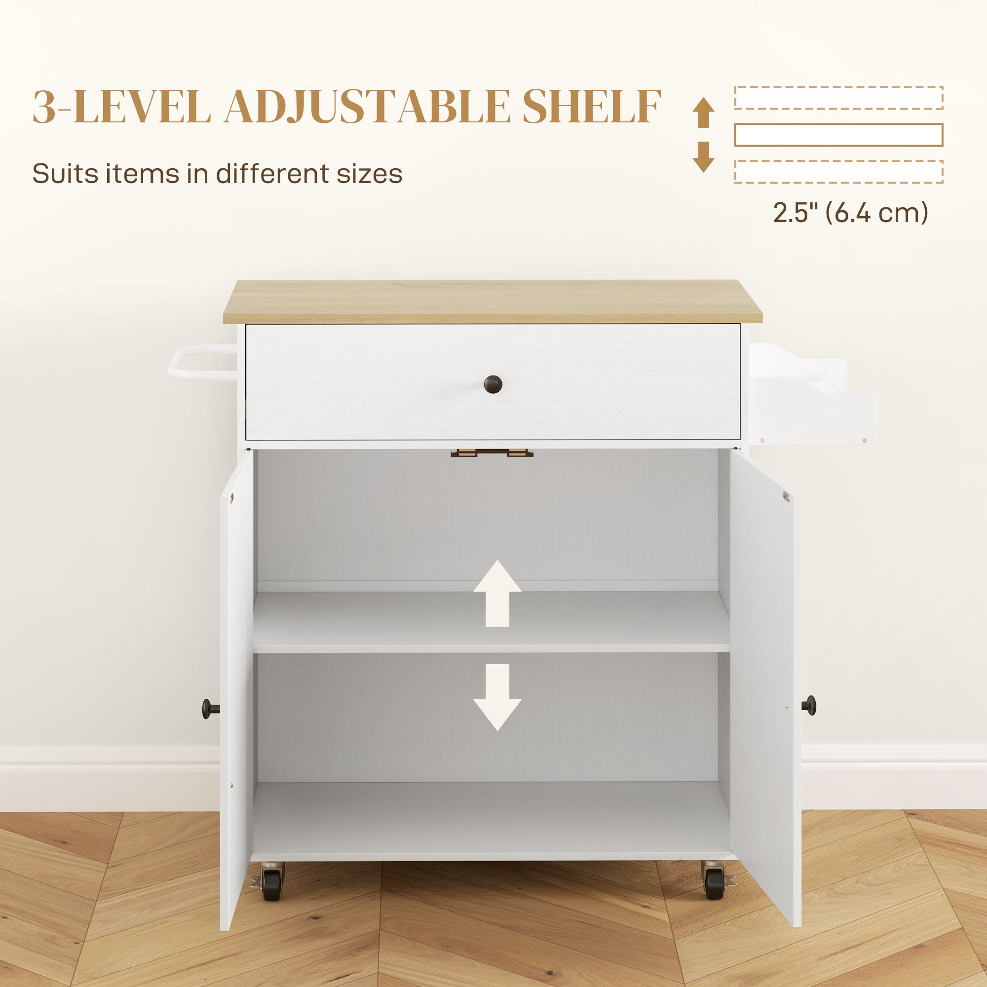 HOMCOM Rolling Kitchen Island with Drop Leaf, Kitchen Storage Cart with Drawer, Spice Rack and Towel Rack, White