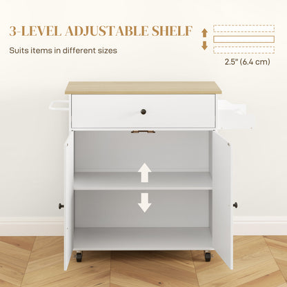 HOMCOM Rolling Kitchen Island with Drop Leaf, Kitchen Storage Cart with Drawer, Spice Rack and Towel Rack, White