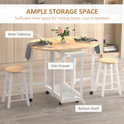 HOMCOM 3PC Wooden Kitchen Cart Mobile Rolling Trolley Folding Bar Table Two Stools Dining Chair Storage Shelf w/2 Drawers & 6 Wheels 