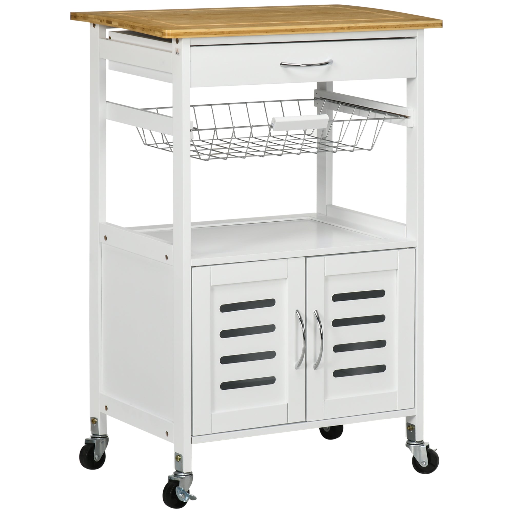 HOMCOM Rolling Kitchen Island Trolley Utility Cart on Wheels with Bamboo Table Top, Storage Cabinet, Drawer and Wire Basket 