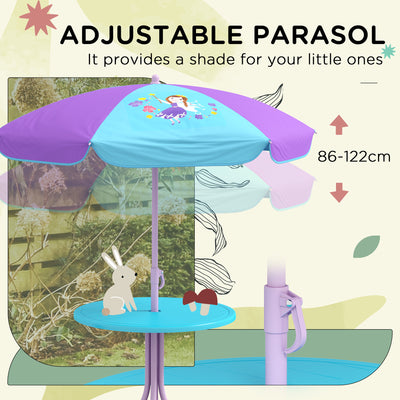 Outsunny Kids Picnic Table and Chair Set, Fairy Themed Outdoor Garden Furniture w/ Foldable Chairs, Adjustable Parasol 