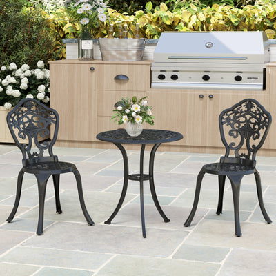 Outsunny 3 Piece Cast Aluminium Garden Bistro Set for 2 with Parasol Hole, Outdoor Coffee Table Set, Two Armless Chairs and Round Coffee Table for Balcony, Patio, Black 